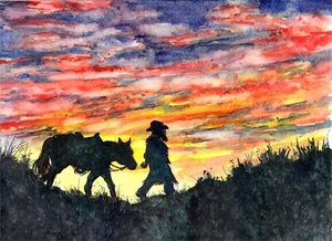 Cowboy Walking His Horse Against A Sunset, Cowboy Kunstdruck, Western Kunstdruck - Bild 1 von 1