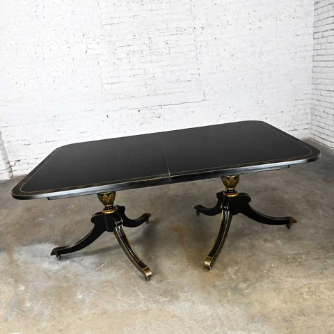 Chinoiserie Regency Union National Black & Gilt Dining Table Double Tripod Base Cover