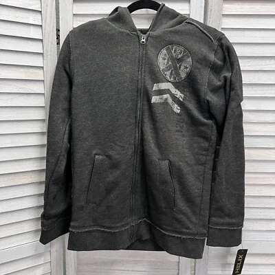 男孩 HELIX 图形拉链深灰色连帽衫运动衫人造毛皮衬里尺寸 L — 第 1/4 张图片