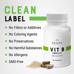 Natural Vitamin B Complex Capsules Vegan B1, B2, B3, B5, B6, B12, Biotin Folic - Picture 1 of 15