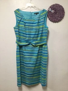 Womens Sleeveless Dress Size 16 Blue Multi Zip Back Faux Belt Preston York 127 - Picture 1 of 8