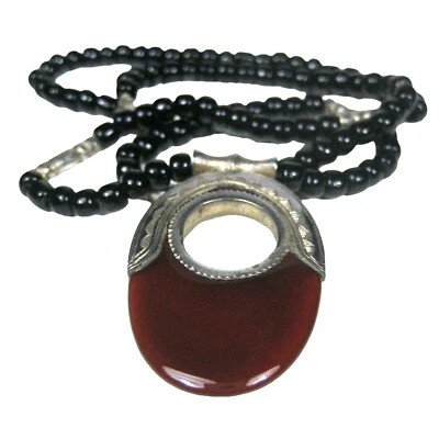 Silver 800 Necklace Pendant Brown Lucite Black Beaded Rustic Ethnic Jewelry 18 " - Image 1 of 4