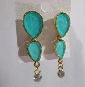 Pendientes Perforados Colgantes Llenos Lágrima Lleno Esmalte Aqua y Claro Tono Dorado 2" L X 1/2" W - Imagen 1 de 3