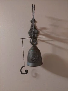 Antique Vintage Brass Ornate Door Bell with Pull Chain, Latin Phrase around Top - Picture 1 of 13