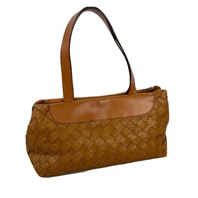 Bolso de Mano FALOR Firenze Italiano Italia Cuero Tejido Cartera Marrón Tostado Camel De Colección Foto 1 de 4