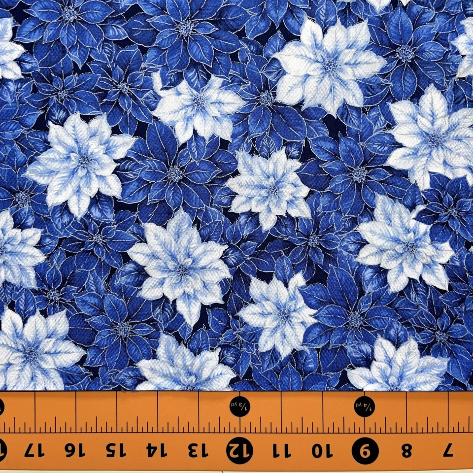 Christmas Fabric | Hi-Fashion Blue Poinsettia With Metallic | YARD - Image 1 of 1