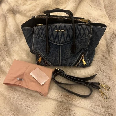 [Excellent+] Miu Miu Biker Denim Tote Bag Shoulder Bag 2way bag Leather Blue - Image 1 of 4