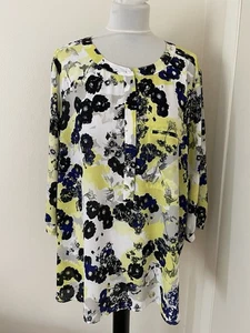 NYDJ Women Top Blouse 2X Multicolor 3/4 Sleeves Button Floral Business Casual - Picture 1 of 12
