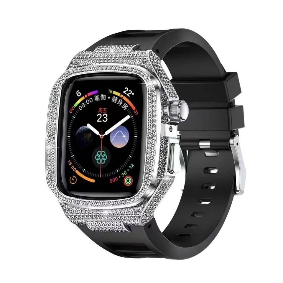 Lujosa correa con estuche de diamantes para Apple Watch Series 11 10 9 8 SE 46/45/44 mm kit mod Foto 1 de 4