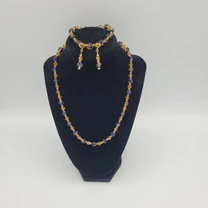Handmade 19" Blue/Orange Crystal Necklace 8" Bracelet and 1.5" Dangle Earrings - Picture 1 of 7