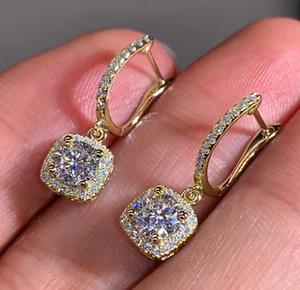 Square Gold Pave Princess Cubic Zirconia Dangle Drop Hoop Earrings - Picture 1 of 1
