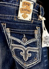 $220 Mens Rock Revival Jeans "Matty" Leather Inserts Straight 31 X 33.5
