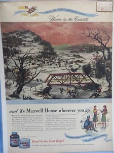 Vintage Maxwell House Magazine Ad Winter in the Catskills Ice Skating - Bild 1 von 5