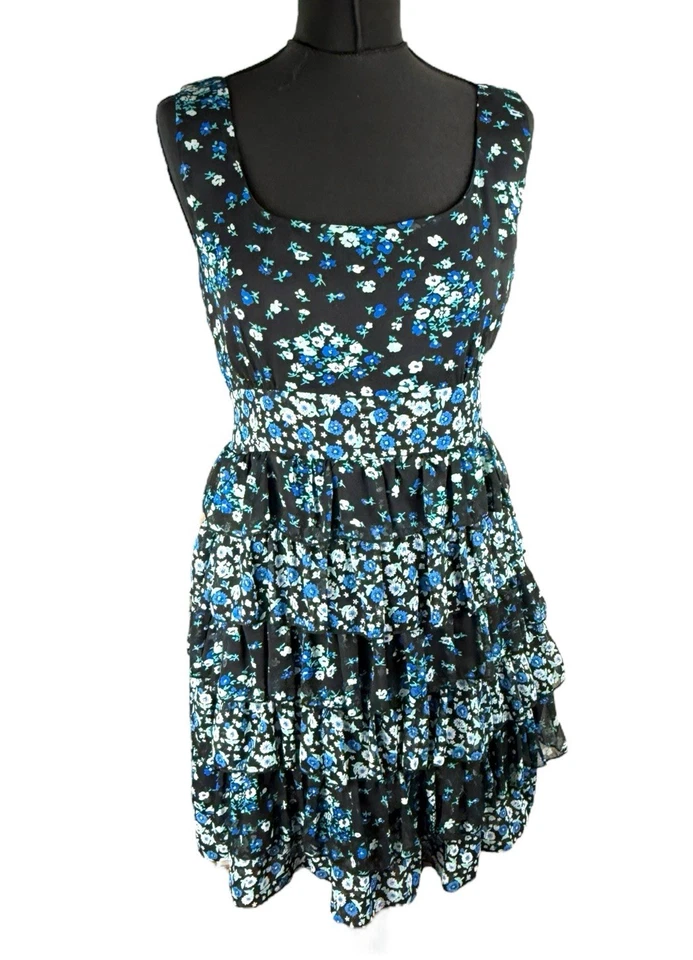 Austin Black Floral Mini Dress Ruffle Layers Tie Back Women’s UK Size 18 - Изображение 1 из 4