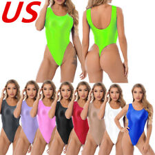 US Women's Glossy One Piece Swimsuit High Cut Backless Thong Leotard Swimwear