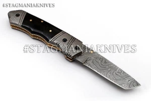 Hand Forged Damascus Steel Hunting Pocket Knife Folding Tanto Knife Bull Horn - Picture 1 of 4