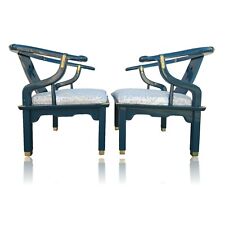 Rare Pair Teal Century Furniture Asian Ming Chinoiserie Accent Club Arm Chairs