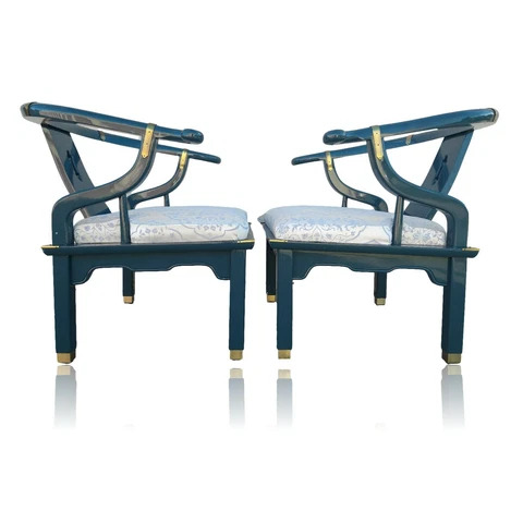 Rare Pair Teal Century Furniture Asian Ming Chinoiserie Accent Club Arm Chairs Cover
