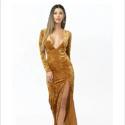 Forever 21 Gold Crushed Velvet Maxi Dress Size S Side Slit Long Sleeve Holiday - Image 1 of 4