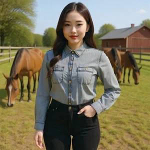 Stylus Sz S Button-Front Denim Blouse, Blue. NS-3 - Picture 1 of 8