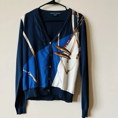 Cárdigan Suéter Ralph Lauren 100% Seda Estampado Ecuestre Azul Marino Talla L Foto 1 de 4