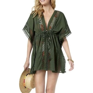 Vince Camuto Crochet-Trim Cotton Tie-Front Caftan Swimsuit Cover-Up Palm Green - Picture 1 of 6