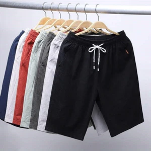 Men Cotton Linen Shorts Elastic Waist Drawstring Summer Loose Casual Pant Beach/ - Picture 1 of 22