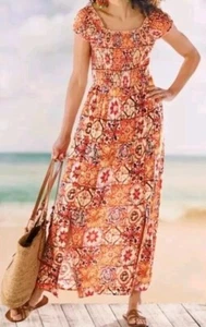 SOFT SURROUNDINGS Size SMALL Orange Floral Batik Short Sleeve Smocked Maxi Dress - Imagen 1 de 9