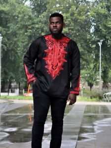 Black and Red Embroidery Shirt,African Clothing for Men,Traditional Wedding,Prom