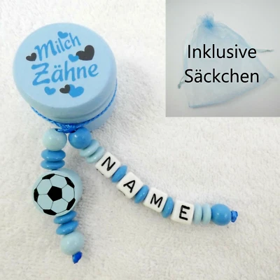 GIFT-STORE24 Milchzahndose mit Namen, blau, Holzdose, Ball, Junge, Geschenk, Zähne