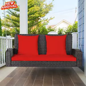 4ft Rattan Porch Swing Outdoor Patio Brown Bench Cushion Red Hanging Chair Yard - Picture 1 of 9