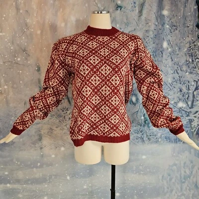 Vintage 1960s Crewneck Sweater Handmade Cream Red Diamond Pattern Handknit - Image 1 of 4