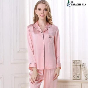 Natural Silk Women Pajamas Top & Bottom Two-piece Suit Long Sleeve Solid Pyja... - Picture 1 of 15