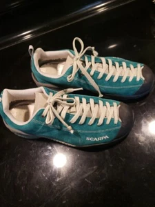 Scarpa Hiking Mens Sz 7 2/3 Woman Sz 8 2/3 Shoes Lace Up Turquoise Suede Preown - Picture 1 of 5
