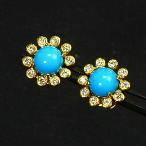 2Ct Round Cut Lab-Created Turquoise Flower Stud Earrings 14k Yellow Gold Plated - Picture 1 of 3