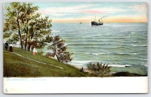 Milwaukee WI Couple & Victorian Lady on Shore of Lake Michigan~Steamship~TUCK - Picture 1 of 2