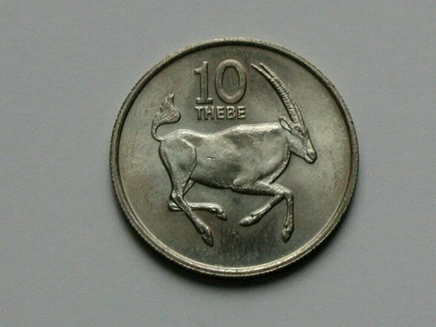 Botswana (Africa) 1977 10 THEBE Coin AU+ with Toned-Lustre & Oryx Antelope Cover