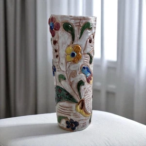 Tall Mid-Century Red Clay Vase — Birds & Flowers - Picture 1 of 8