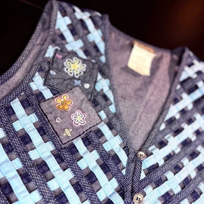 Vintage Napa Denim Patchwork Tejido Chaleco Floral Bordado Azul Vaqueros Algodón Pequeño Foto 1 de 4