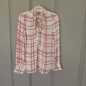 J Crew Tie Neck Top Size 10 Feminine Preppy Long Sleeve In Plaid Crepe De Chine - Picture 1 of 12