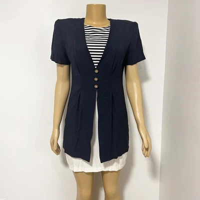 Vestido Blazer Vintage Scarlett Azul Marino Botón Frontal con Top a Rayas Mediano Foto 1 de 4