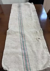 Antique vintage French GRAIN SACK feedsack Green RED-stripes hemp linen 44x16” - Picture 1 of 10