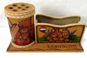 Juego de Escritorio de Cuero Porta Plumas para Letras Azulado a Mano y Pintado Paraguay Arpa Floral - Imagen 1 de 8