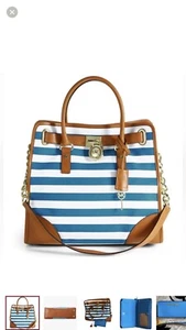 MICHAEL KORS Hamilton Tote Brown Leather Striped Canvas W/ MK Wallet & Dust Bag - Picture 1 of 8