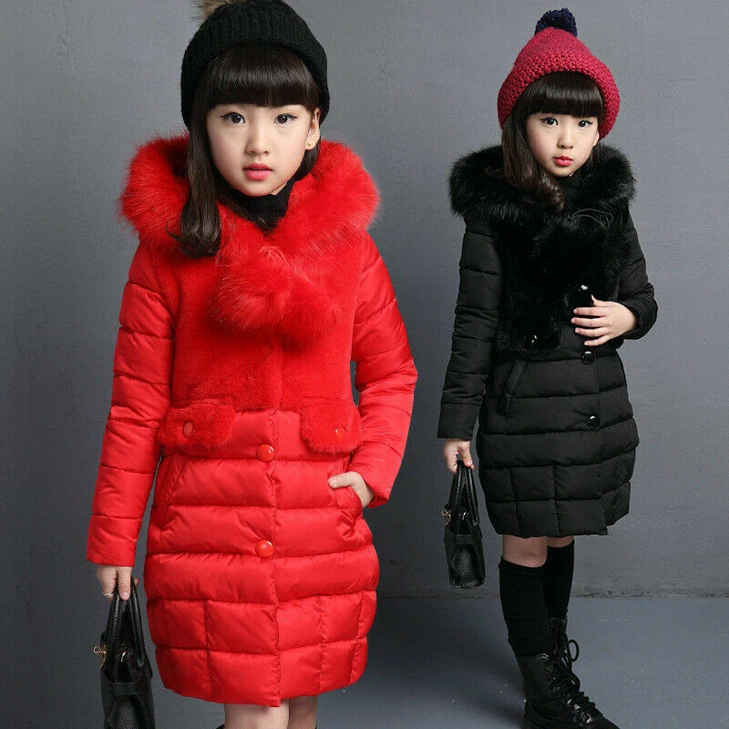 Invierno Niñas Niños Abrigo Cálido Chaqueta Acolchada Imitación Piel Capucha Largo Parka Abrigo Foto 1 de 4