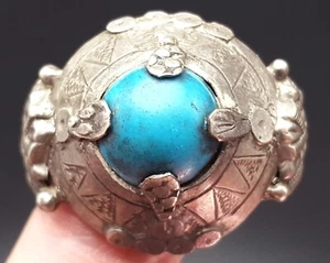Medieval Stone Blue Turquoise Stone Real Silver Gothic Ring 11 US #CP648 - Picture 1 of 7