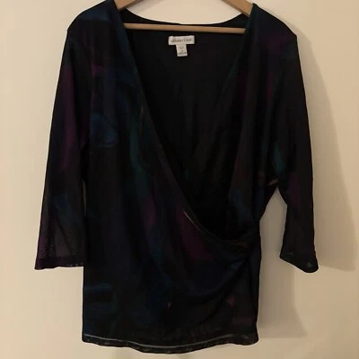 Camisa Top Coldwater Creek 2X Negra Púrpura Cuello en V Transparente Manga 3/4 Elastizada Foto 1 de 4