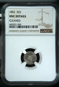 1852 3 cent silver UNC Details Cleaned NGC - Picture 1 of 4