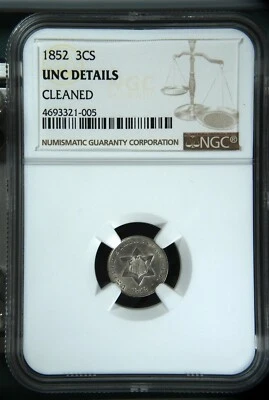 1852 3 cent silver UNC Details Cleaned NGC - Image 1 of 4