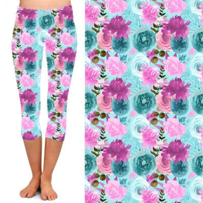 Leggings CAPRI para mujer azul rosa púrpura flor floral TC2 extra talla grande 18-24 Foto 1 de 2